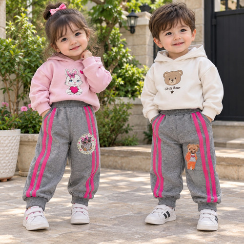 شلوار بچگانه اسپرت نواردار ملانژ دمپاکش جیبدار